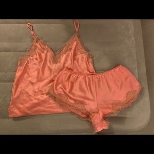 VICTORIA SECRET CORAL SATIN LACE TRIM PJ SET XS